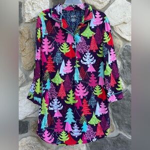 Nick & Nora Flannel Nightgown Size S Purple Colorful Christmas Trees Holiday